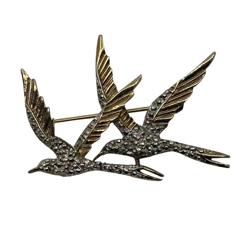 Michele Lynn Vintage‎ Two Tone Rhinestone Double Swallow Bird Brooch Pin